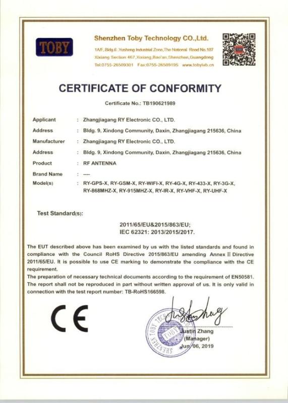 CERTIFICATE OF CONFORMITY - Zhangjiagang RY Electronic CO.,LTD
