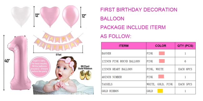 1 First Birthday Decorations balloon for Girl