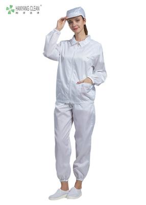 中国 反静的なESDのクリーンルームまっすぐな開いたジッパーおよびlaperが付いている白い色のジャケットそしてズボン 販売のため