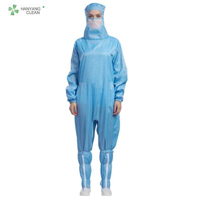 China Hooded anti-static cleanroom coverall zipper open crotch grid line for cleanroom for sale
