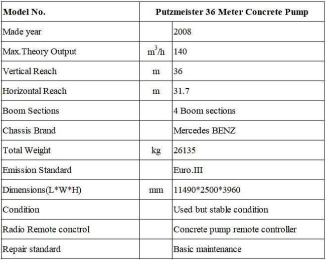 Used Putzmeister Concrete Pump 36 Meter on Mercedes Benz Chassis