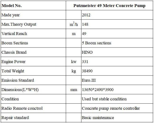 Used Concrete Pump Putzmeister 49 Meter Second Hand Heavy Equipment