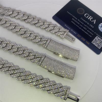 China Hip Hop Miami Cuban Link Chain 15mm VVS Moissanite Sterling Silve Cuban Link Necklace for sale