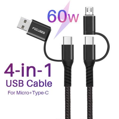 China 3A 60W Multifunctional USB Cable Nylon Braided 4 In 1 USB Charging Cable for sale