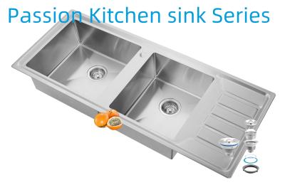 China 12050 Handmade Kitchen Stainless Steel Doubel Bowl Sink With Drainboard for sale