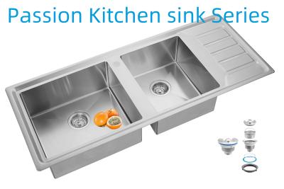 China 12050 Handmade Kitchen Stainless Steel Doubel Bowl Sink With Drainboard for sale
