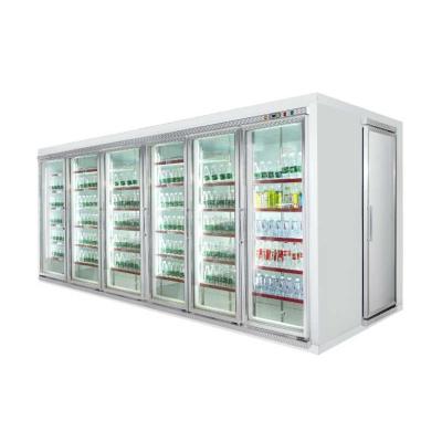China Refrigerador/paseo de cristal refrigerados de la exhibición de la puerta en congelador de ráfaga con el estante de exhibición para la carne y la verdura en venta