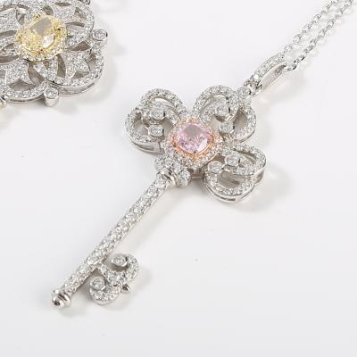China Solid 925 Sterling Silver Full CZ Diamond Round Key Shape Charm Pendant Necklace Female for sale