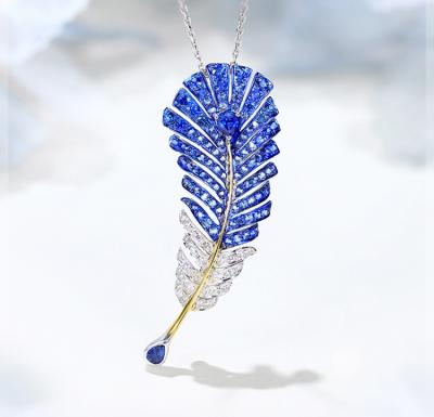 China Brooch Sapphire Virgo Necklace 0.25ct Diamond Feather Pendant for sale