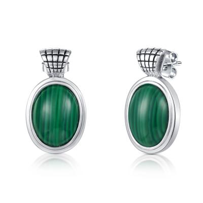 China Oval Shape Malachite Stud Earrings 4.75gram 925 Silver Micropave Technology for sale