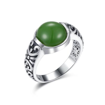 China Carved 925 Silver Gemstone Rings 10x10mm Round Shaped Dark Green Jade Ring for sale