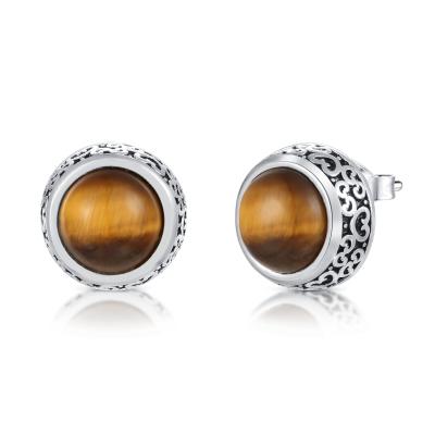 China 3.39gram Tiger Eye Stud Earrings Round Bezel Oil Black 925 Sterling Silver for sale