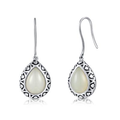 China Carved 925 Sterling Silver Gemstone Earrings 5.63g Pear Shaped White Jade for sale