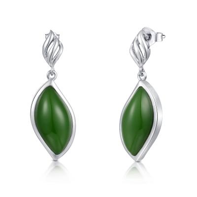 China 8.5x16mm 925 Sterling Silver Gemstone Earrings Marquise Dark Green Jade Earrings for sale