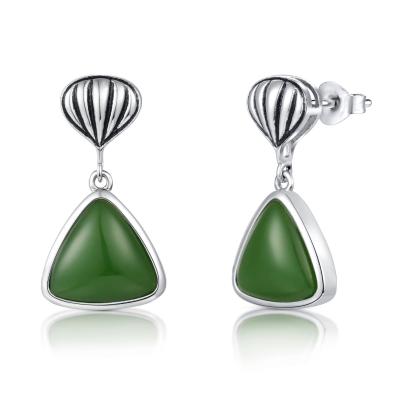 China Birthstones 925 Sterling Silver Gemstone Earrings Trillion Green Jade Stud Earrings for sale