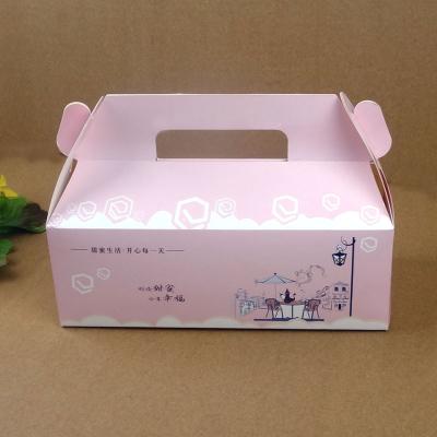 China Doblando la caja de empaquetado de la torta de papel rosada con la manija, cree la caja de torta para requisitos particulares en venta