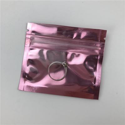China Small Size Plastic Rose Gold Ziplock Pouch Logo Printing Three Side Seal Zipper Bag For Jewellery With Window for sale