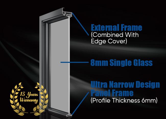 Aluminium swing door side profile showing narrow edge design