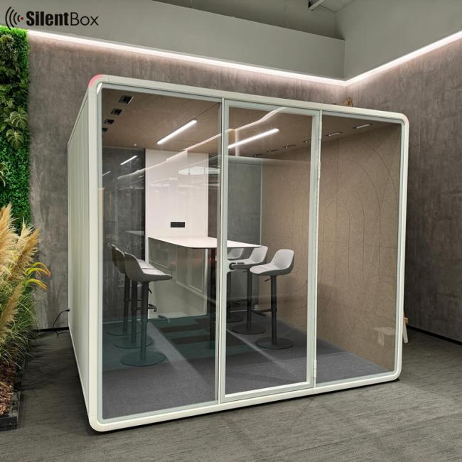 Soundproof booth in use