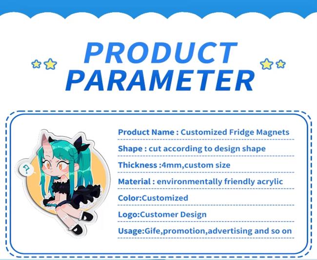 Custom acrylic refrigerator sticker design examples showing various anime character designs