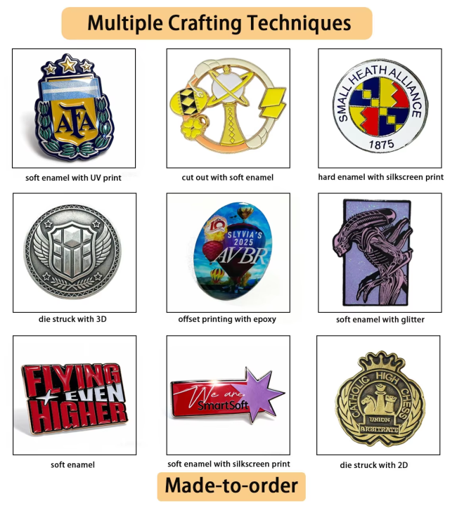 Custom enamel pin design options and available finishes including gold, silver, and copper plating