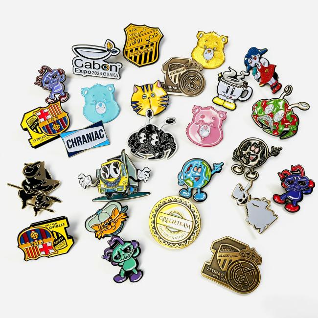 Custom enamel pin with silk screen printing detail showing fine text and logo reproduction