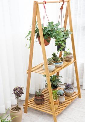 China 4 Tier Three Tier Bamboo Flower Pot Shelf Indoor Outdoor Foldable Hanging Pot Plant Shelves for sale