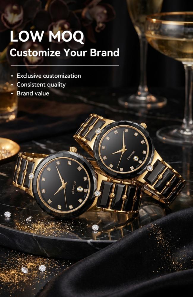 Wholesale ceramic couple watch pair with gold and black finish, low MOQ custom brand OEM available.