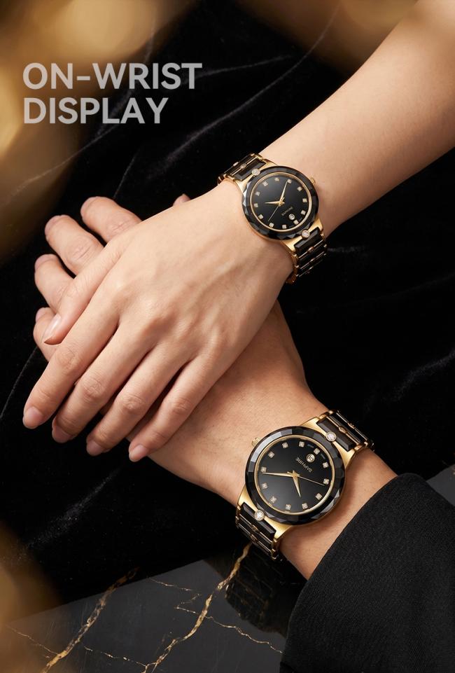 On-wrist display of luxury black ceramic and gold quartz couple watches for men and women.