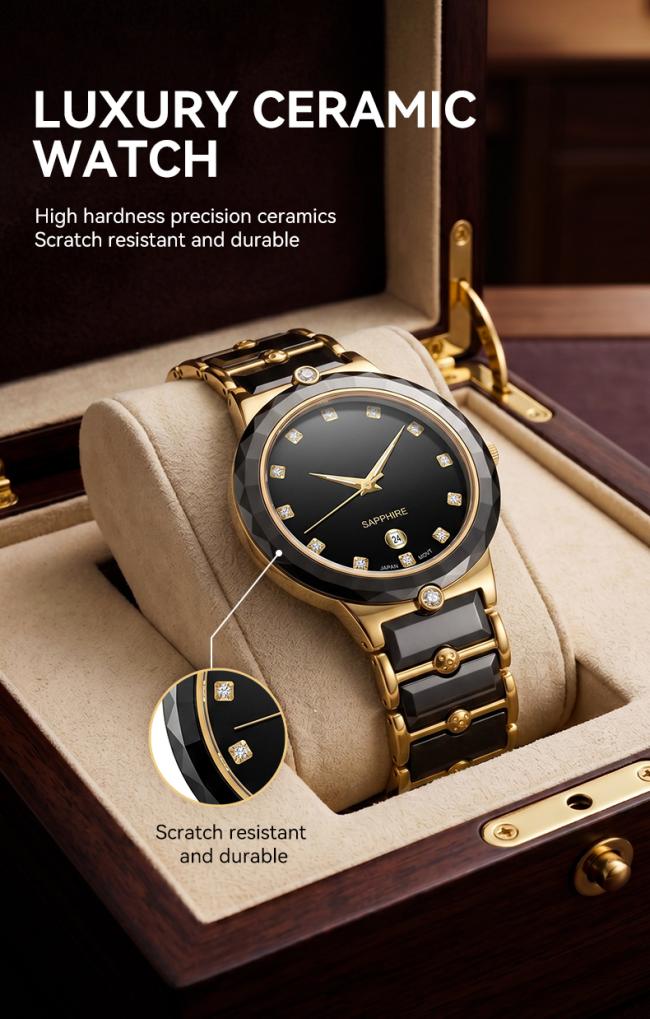 Luxury black ceramic quartz watch with high-hardness scratch-resistant bezel in presentation box.