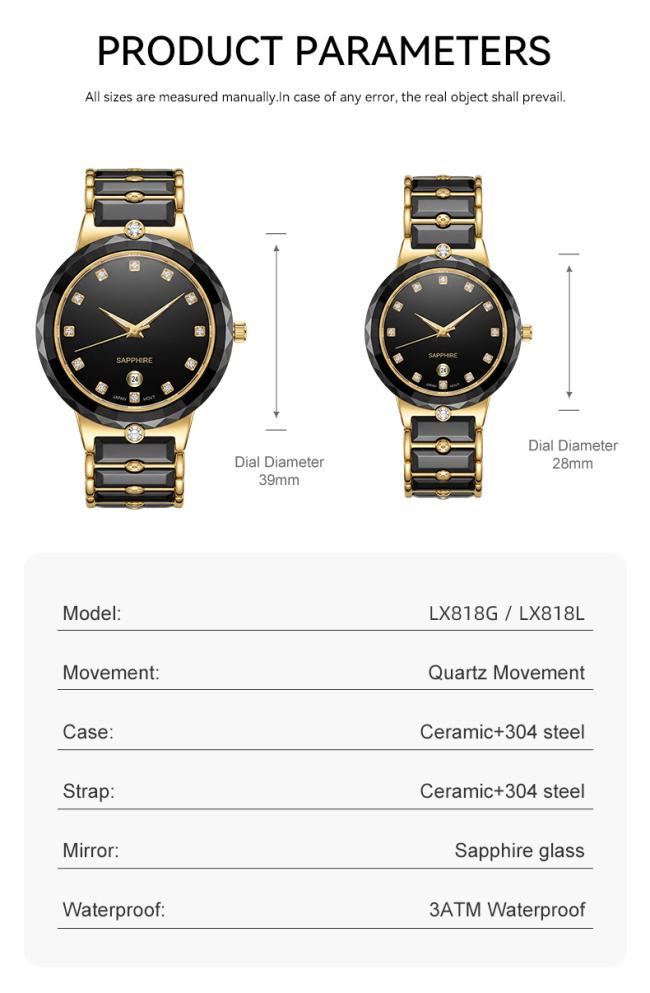 Product specifications diagram for 39mm and 28mm ceramic quartz couple watch models.