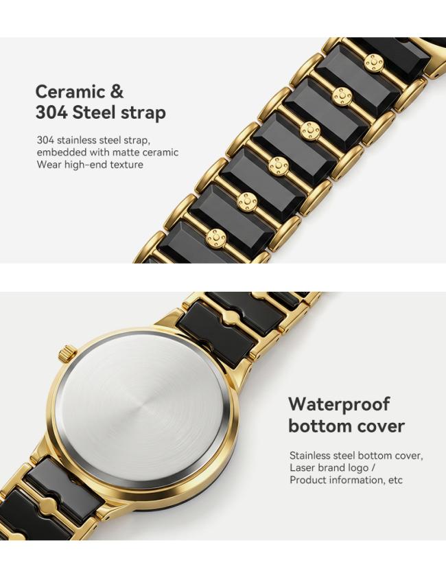Detailed view of 304 stainless steel ceramic link strap and customizable laser case back.