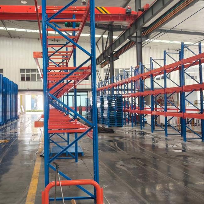 Close-up view of pallet rack shelving system