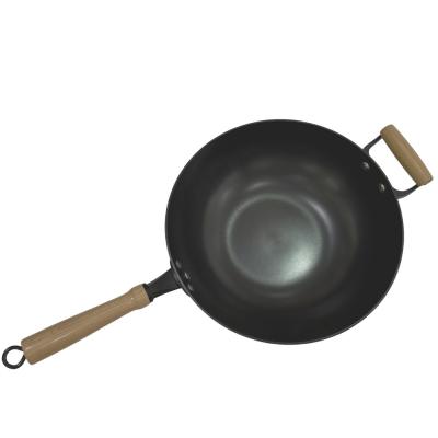 China Heavy Duty 14 Inch Cast Iron Pan Chinese Wok Pan With Wooden Handle And Glass Lid for sale