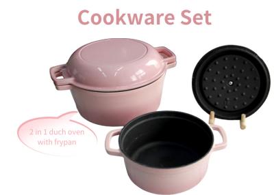 China Enameled Cast Iron Skillets 2 In 1 Double Dutch Oven Cookware Sets for sale