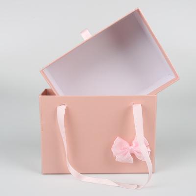 China Custom Logo Pink Cardboard Color Drawer Gift Box With Pink Ribbon 9x6x3 for sale