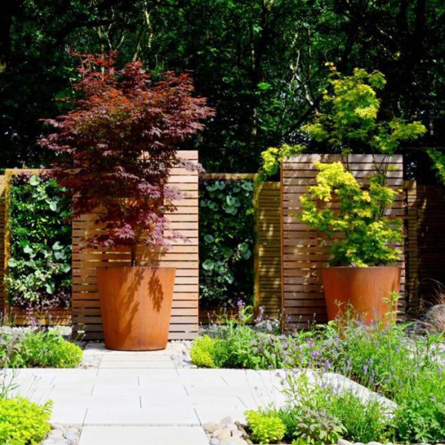 Large Rectangular Corten Steel Planter Box With Privacy Shielding Round Outdoor Metal Planter