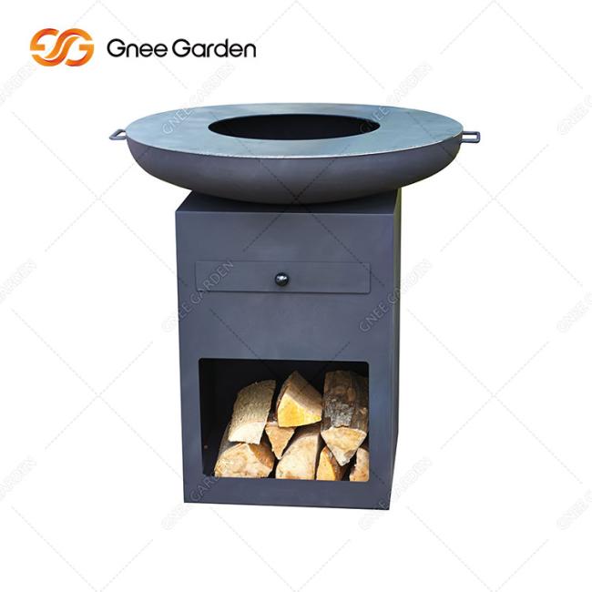 Outdoor Customized Corten Steel Fire Pit With Large Log Storage Backyard Patio With Rusty Colour