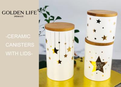 China Porcelain 3 Piece Ceramic Gift Set Bamboo Lid Three Sizes With Gold Stars Design for sale
