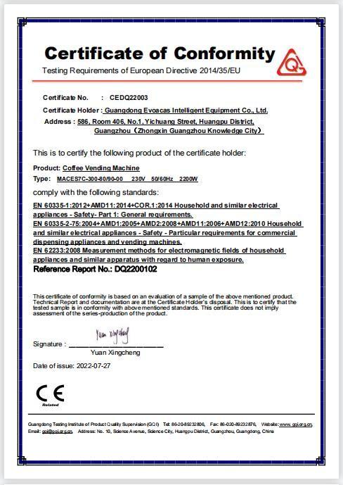 Certificate of Conformity - Guangzhou Evoacas Intelligent Equipment Co..Ltd