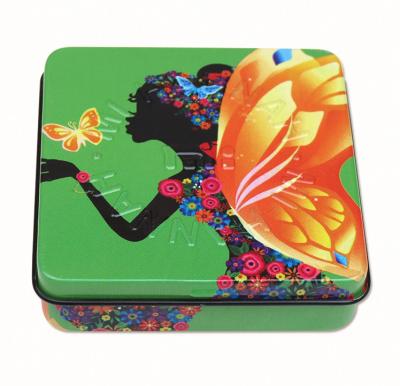 China Square Rectangular Tin Box with hinged lid with plastic inner and mirror for sale