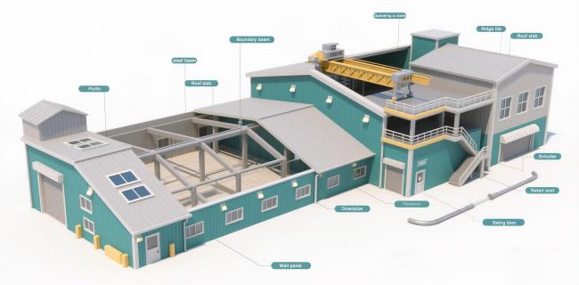Double span prefabricated steel warehouse building exterior view