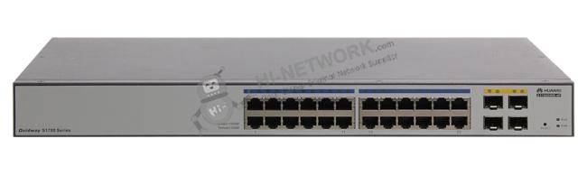 Front and top view of Huawei S1728GWR-4P network switch showing port layout and design