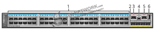 Detailed front panel view of Huawei S5710-52C-PWR-EI switch with port identification