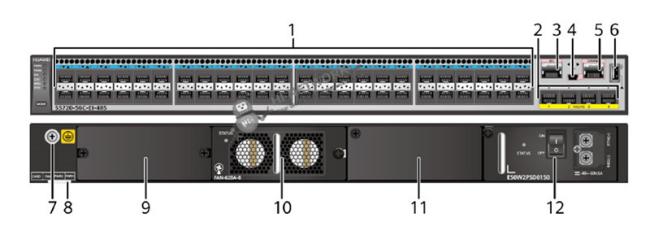 Huawei S5720-56C-EI-48S-DC front and rear panel layout showing port configuration