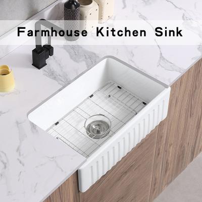 China Rectangular White Ceramic 24 Inch Farmhouse Sink Single Bowl With Grid And Strainer for sale