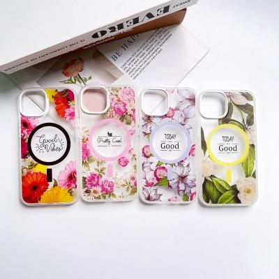 China Flower Pattern Magnetic Cell Phone Cover Wireless Quick Charging Phone Case for sale