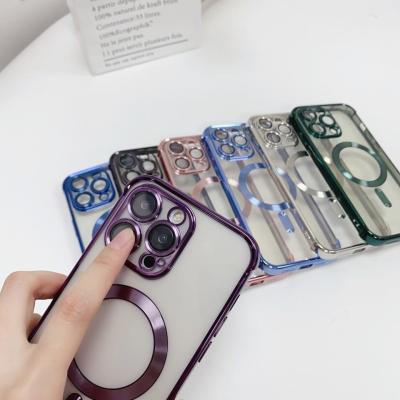 China Electroplated Magnetic Cell Phone Cover Transparent Phone Case With Lens Film for sale