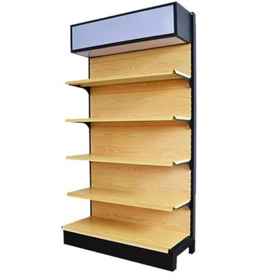 China Factory Custom Size Color wood grain color supermarket display rack gondola shelving with light box for sale
