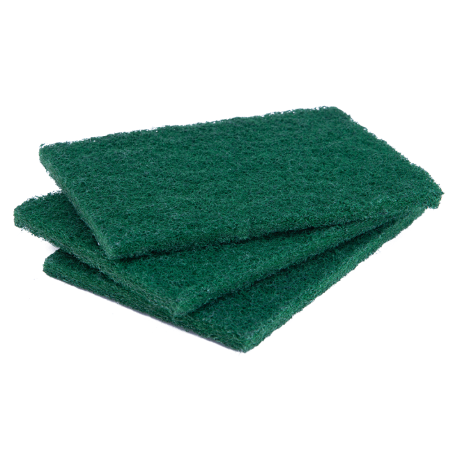 Package of green scouring pads showing quantity
